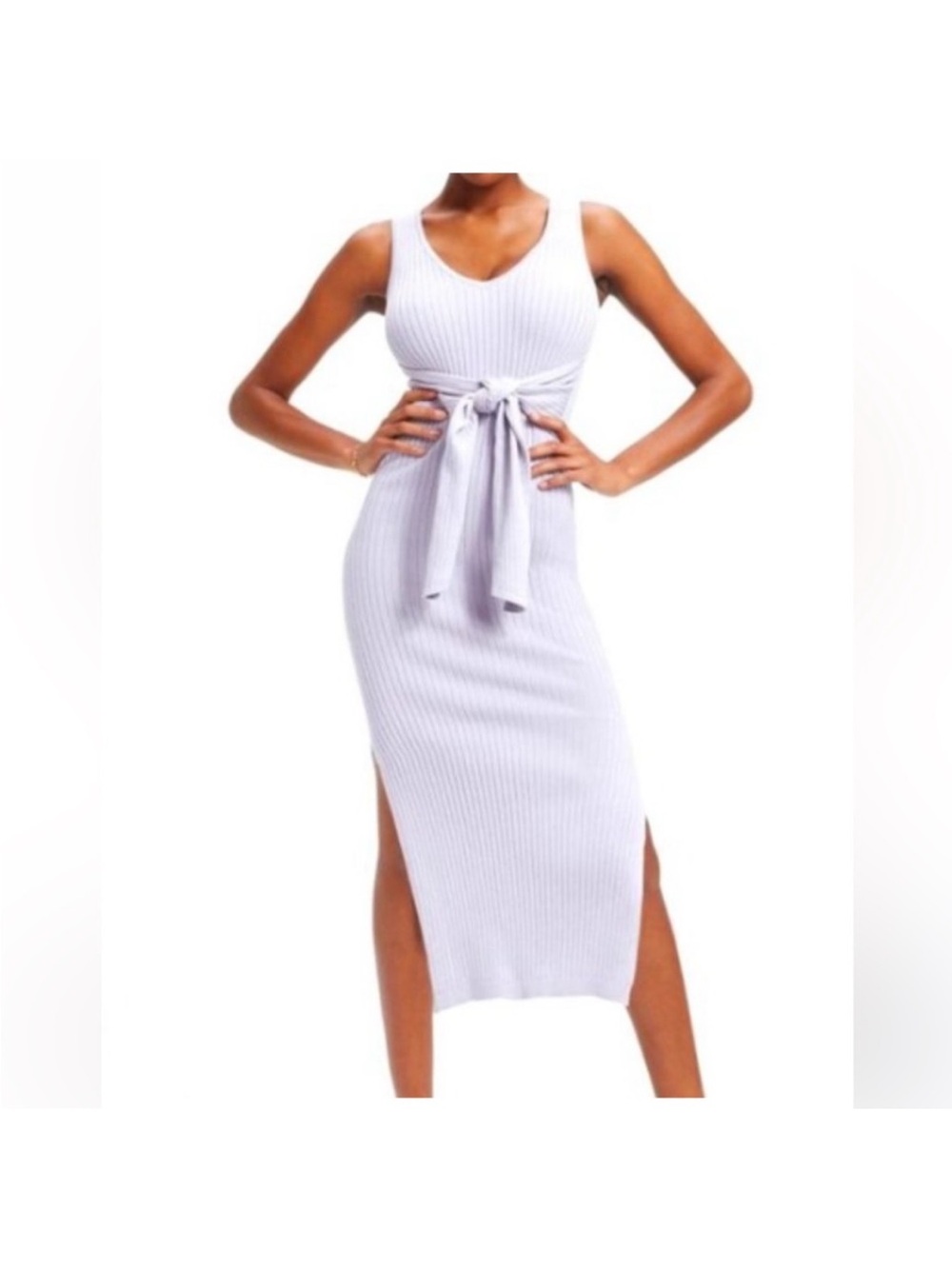 Good American Sleeveless Ribbed Tie-Waist Midi Dress